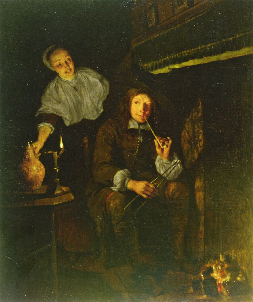 Gabriel Metsu - A Man Smoking a Pipe at a Fireplace