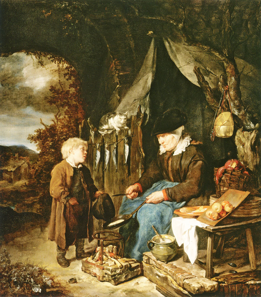 Gabriel Metsu - An Old Woman Baking Pancakes, with a Boy