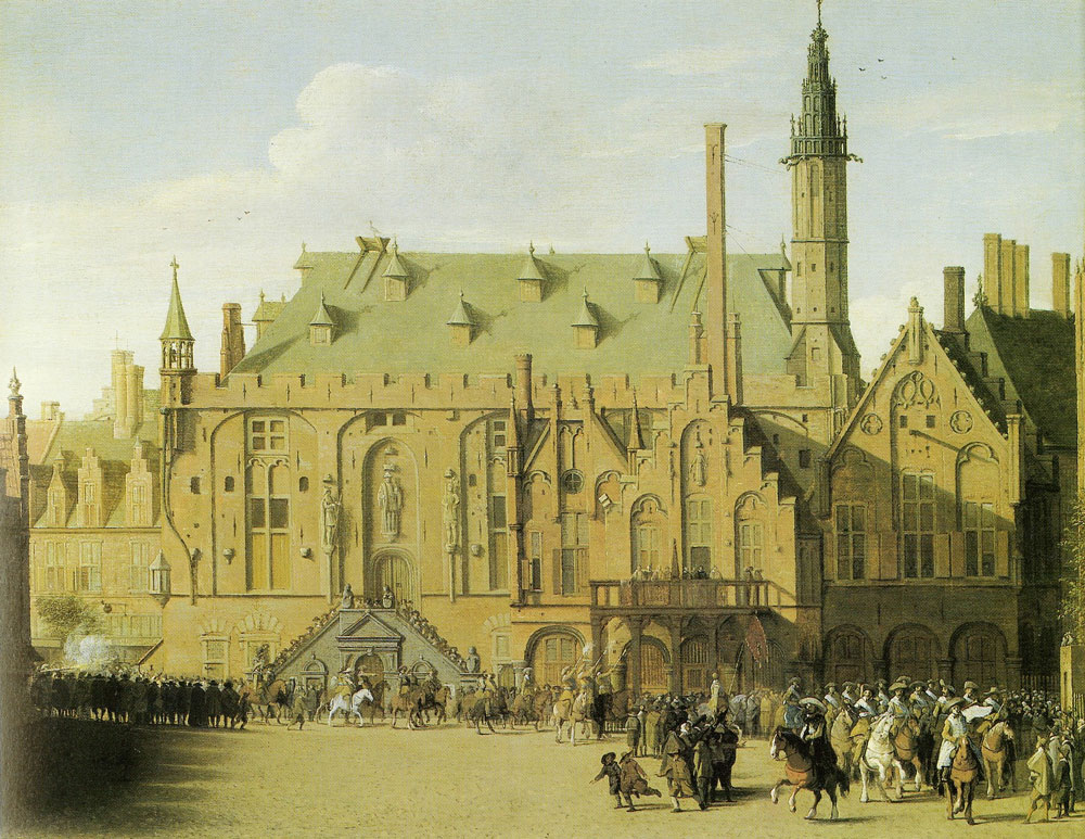 Pieter Saenredam - The town hall of Haarlem, with the entry of Prince Maurits to replace the town government, 1618