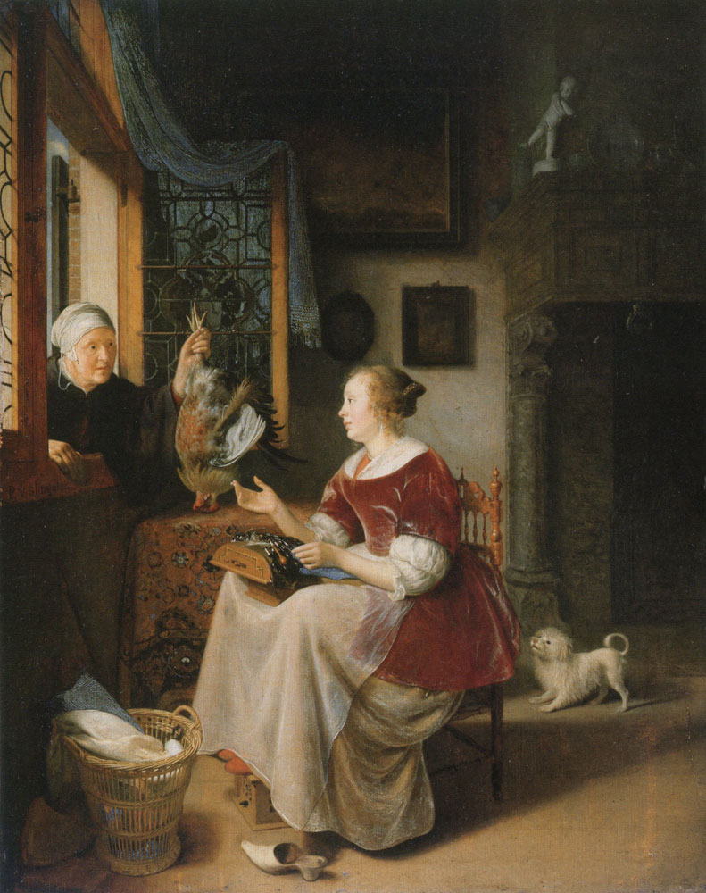 Pieter Cornelisz. van Slingelandt - A Lady Buying a Cock at the Window