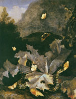 Otto Marseus van Schrieck Forest Floor with Snake, Butterflies, and Thistles