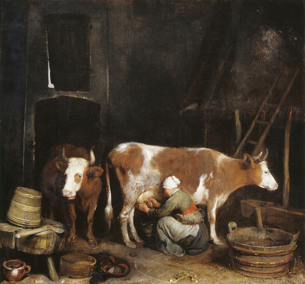 Gerard ter Borch - A maid milking a cow in a barn