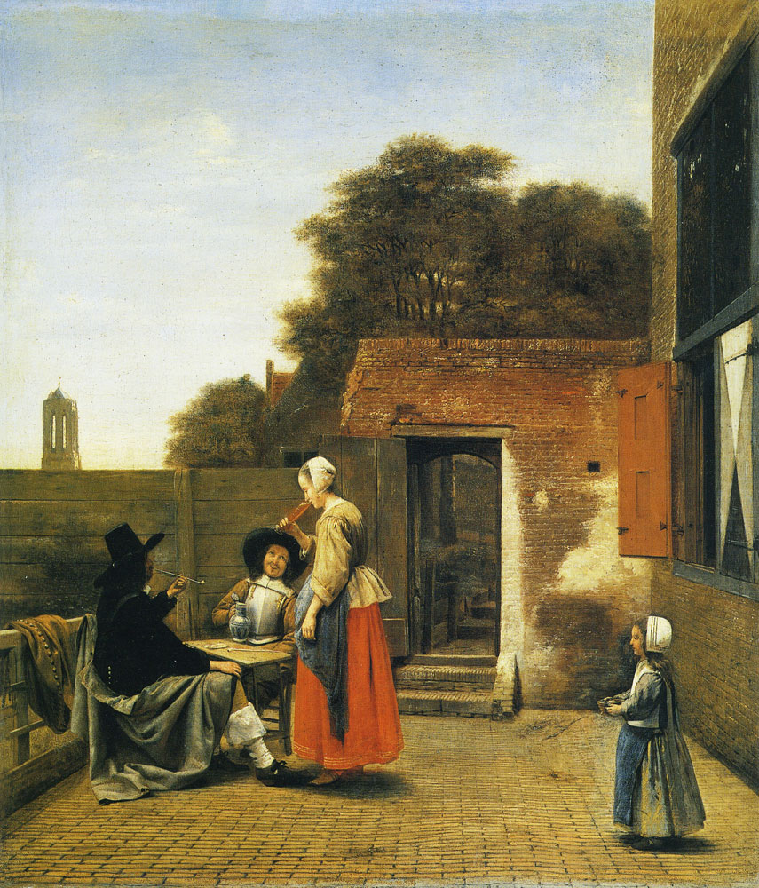 Pieter de Hooch - Two Soldiers and a Woman Drinking in a Courtyard