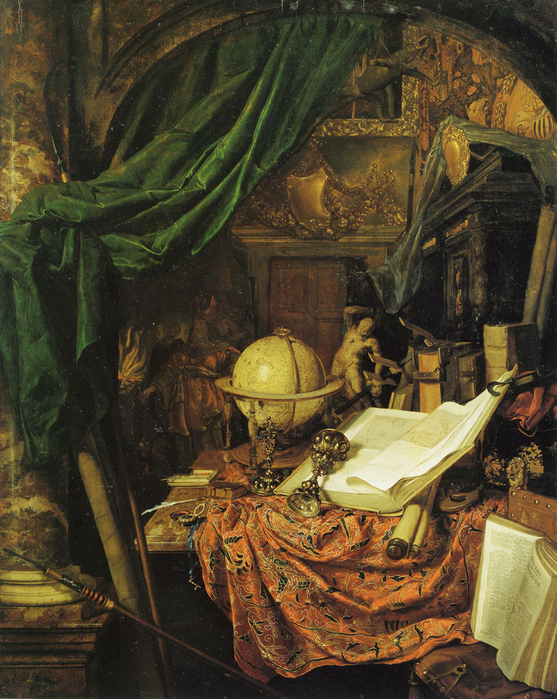 Jan van der Heyden - Still Life with Globe, Books, Sculpture, and Other Objects