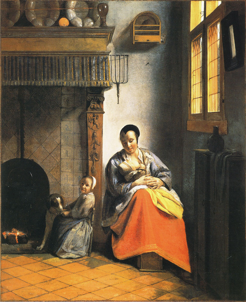 Pieter de Hooch - A Woman Nursing an Infant with a Child and a Dog