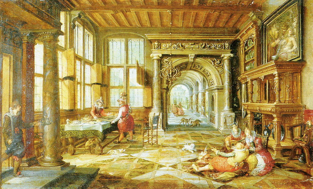 Paul Vredeman de Vries and David Vinckboons - Interior with People making Music and Playing Tric-Trac