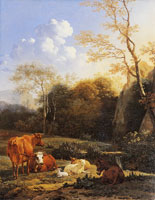 Karel Dujardin Cows and sheep at a river