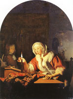 Frans van Mieris the Elder A woman sealing a letter by candlelight