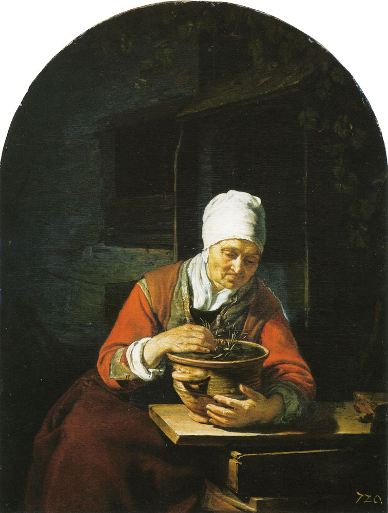 Frans van Mieris the Elder - An Old Woman Holding a Flower-Pot