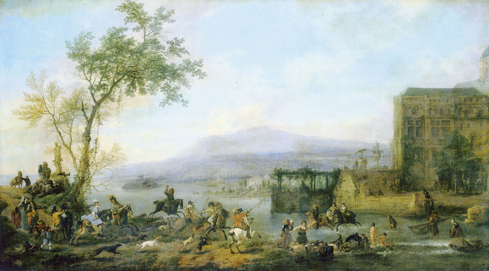 Philips Wouwerman - A stag hunt near a river