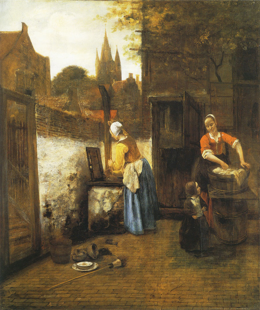Pieter de Hooch - Two Women and a Child in a Courtyard