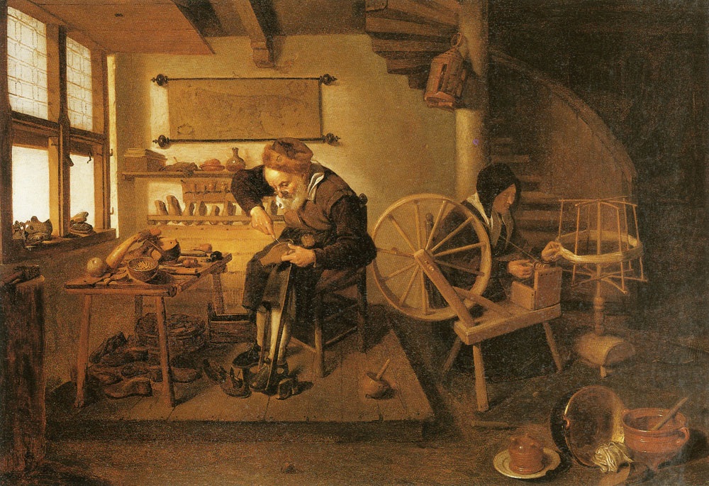 Quiringh van Brekelenkam - Old shoemaker with a spining woman