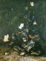 Otto Marseus van Schrieck Thistle with Lizard, Snake, and Butterfly