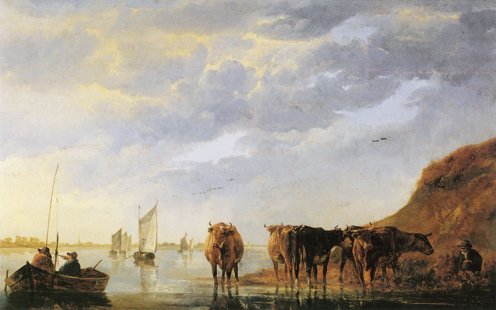 Aelbert Cuyp - A herdsman with five cows by a river