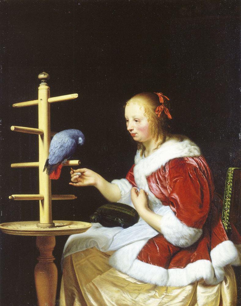 Frans van Mieris the Elder - A woman feeding a parrot