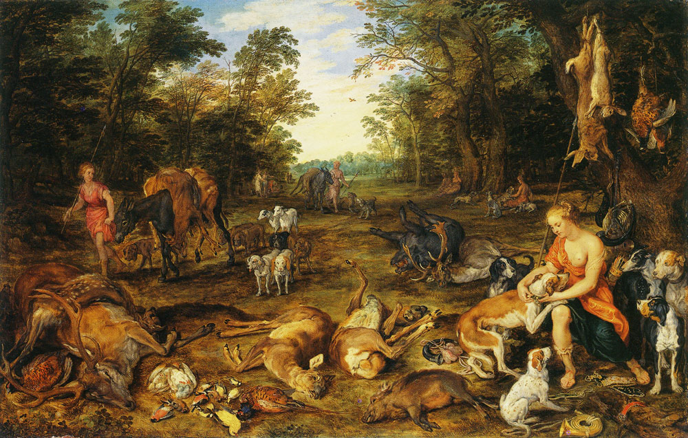 Jan Brueghel the Elder and unknown figure painter - Wooded Landscape with Nymphs, and Hunting Spoils