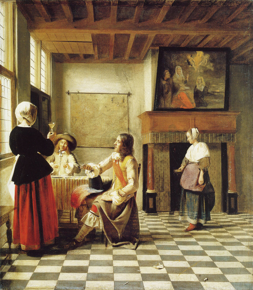 Pieter de Hooch - A Woman Drinking with Two Men, and a Serving Woman
