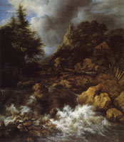 Jacob van Ruisdael Waterfall with a Half-timbered House and Castle