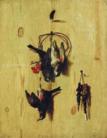 Melchior d'Hondecoeter Trompe-l'oeil with redwings and a fieldfare