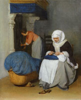 Gerard ter Borch Woman Sewing by a Cradle