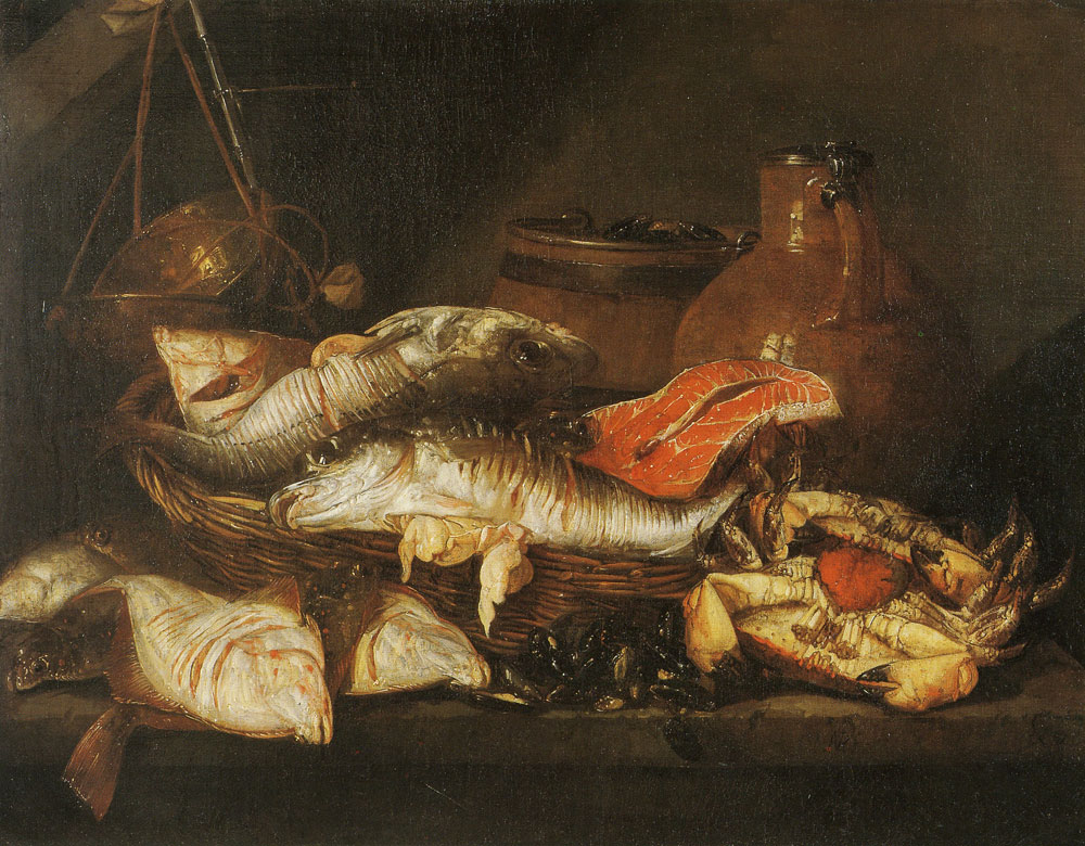 Abraham van Beijeren - Fish in a Basket near a Scale
