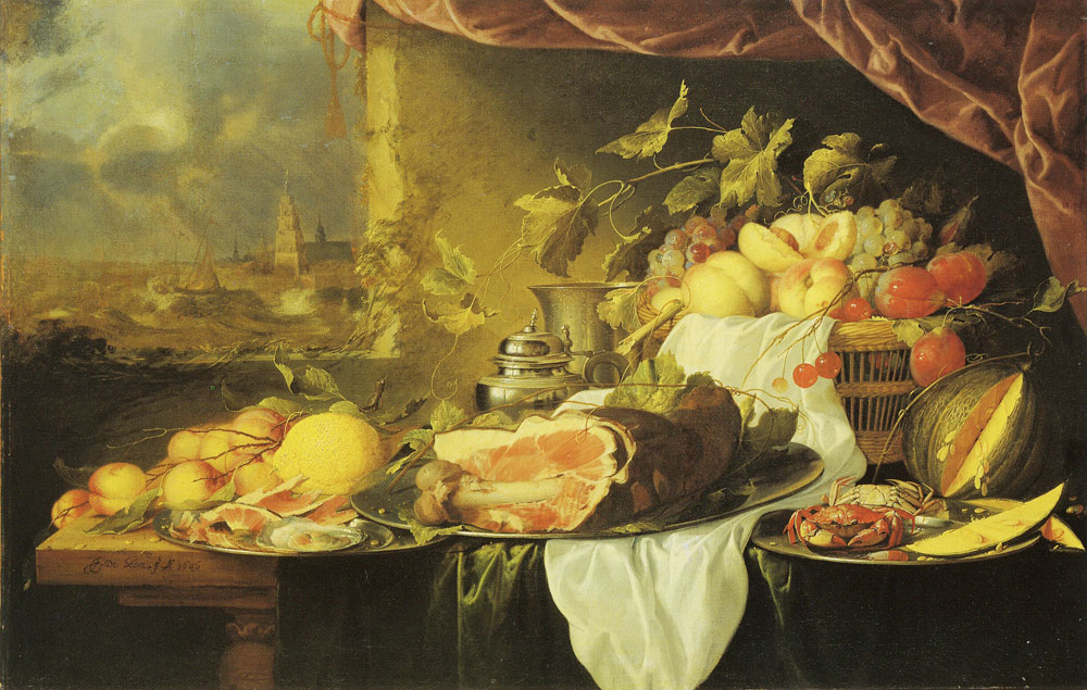 Jan Davidsz. de Heem - Fruit and Ham on a Table with a View of a City