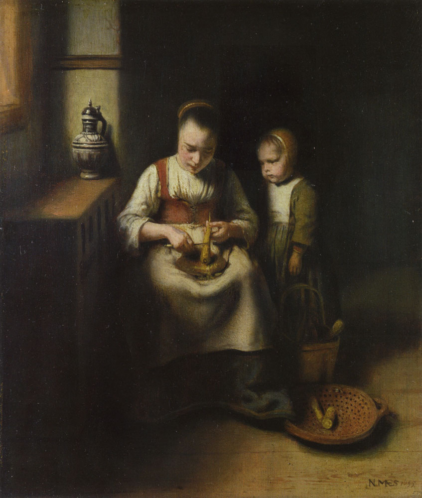 Nicolaes Maes - Woman Scraping Parsnips with a Child