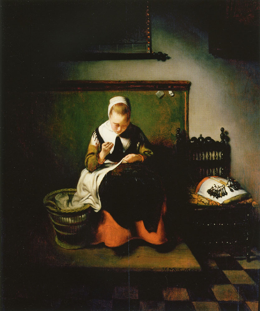Nicolaes Maes - A Young Woman Sewing