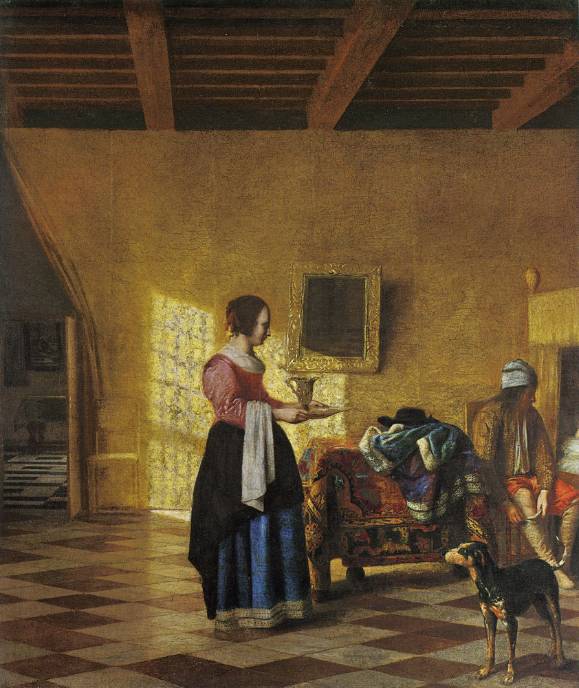 Pieter de Hooch - Woman with a Water Pitcher, and a Man by a Bed ('The Maidservant')