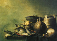 Harmen Steenwijck Still Life of Fish, a Pear, Game and Kitchen Utensils