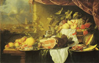 Jan Davidsz. de Heem Fruit and Ham on a Table with a View of a City