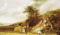 Paulus Potter Landscape with Shepherdess and Shepherd Playing Flute