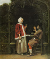 Pieter de Hooch A Woman and Two Men in an Arbor
