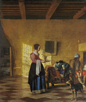 Pieter de Hooch Woman with a Water Pitcher, and a Man by a Bed ('The Maidservant')