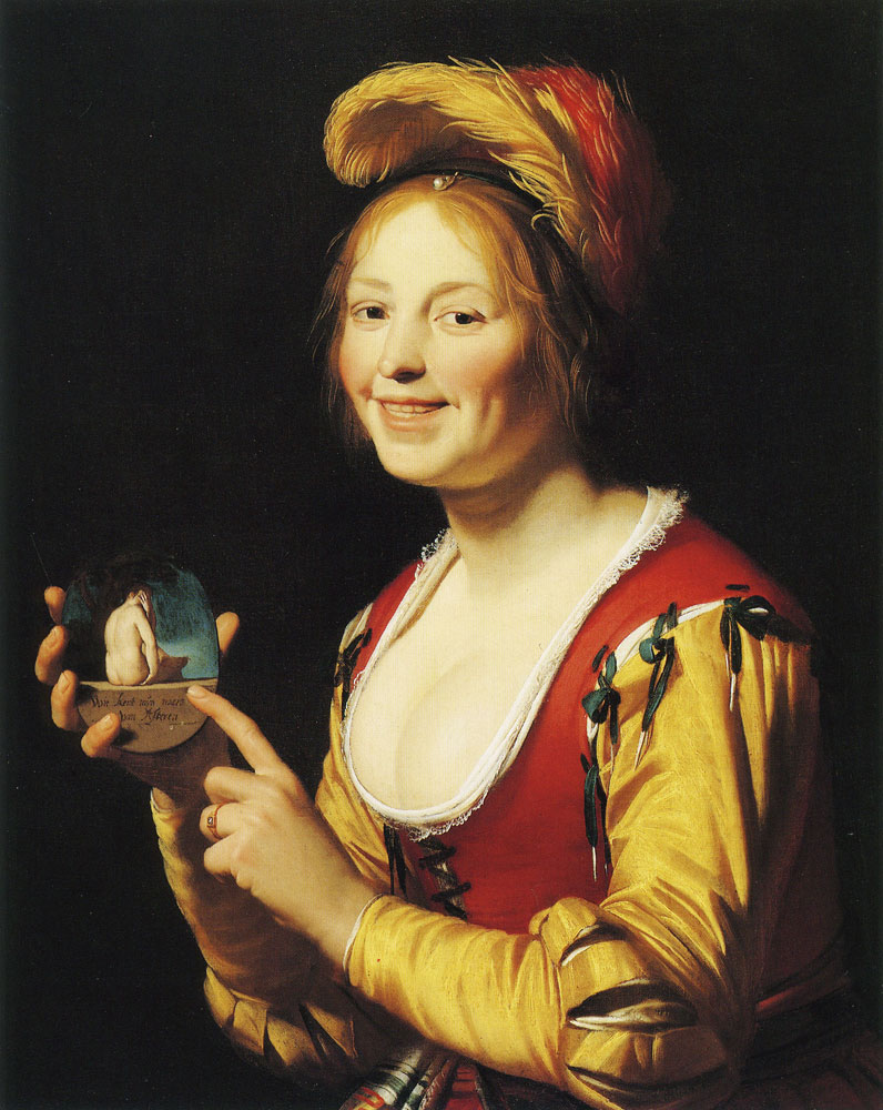 Gerard van Honthorst - Smiling Girl Holding an Obscene Image