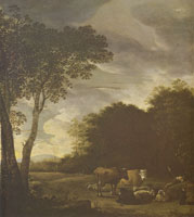 Anthonie van Borssom Landscape with cows at evening
