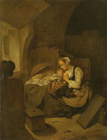Cornelis Bega Interior with a mother nursing her child