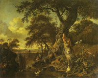 Jan Wijnants, Johannes Lingelbach and Dirck Wijntrack Stream pool with ducks and fishermen