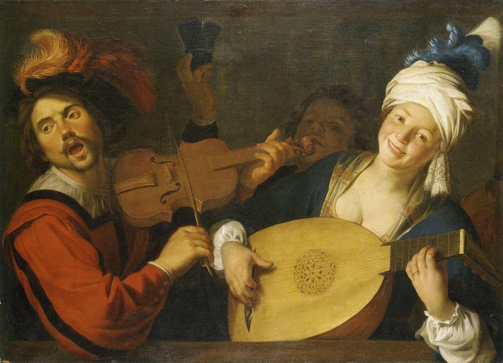 Gerard van Honthorst - Merry Group Behind a Balustrade with a Violin and a Lute Player