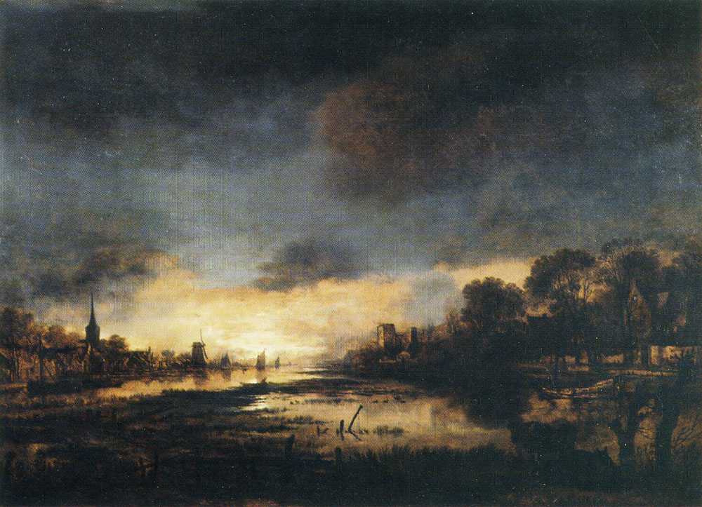 Aert van der Neer - River landscape by moonlight
