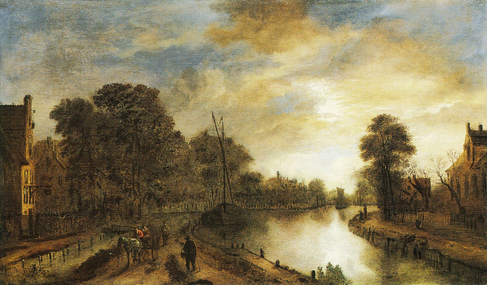 Aert van der Neer - Moonlit landscape with a road beside a canal