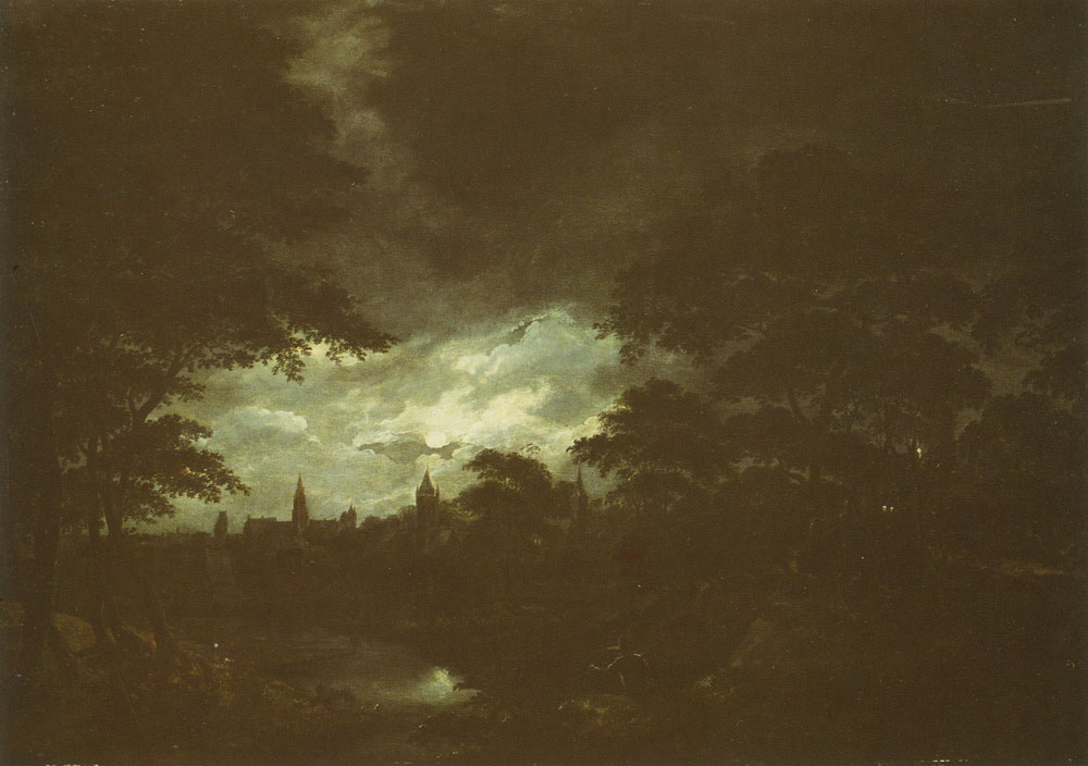 Anthonie van Borssom - Landscape by moonlight with a city in the background