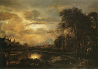 Aert van der Neer Moonlit Landscape with Bridge