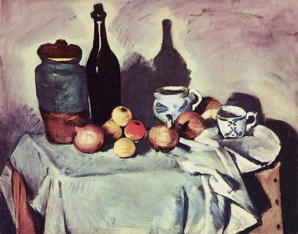 Paul Cézanne - Still life: Pots, bottle, cup and fruit