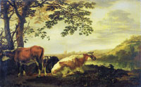 Abraham van Calraet Cattle on a River Bank