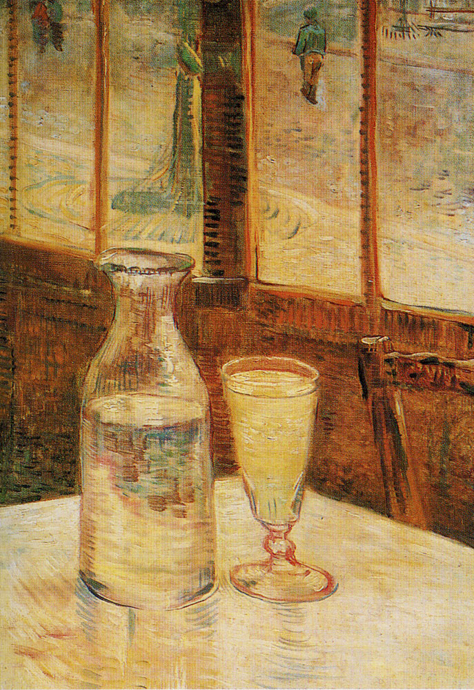 Vincent van Gogh - A table in front of a window with a glass of absinthe and a carafe