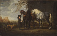 Abraham van Calraet Groom with three horses and two dogs