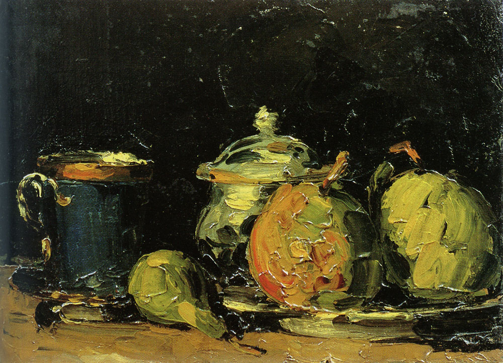Paul Cézanne - Sugar bowl, pears, and blue cup