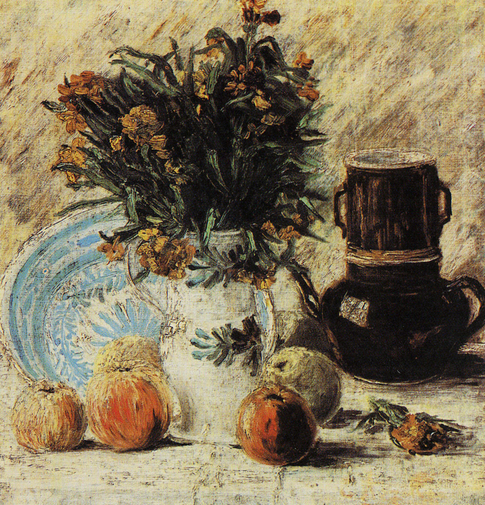 Vincent van Gogh - Vase with flowers, coffee pot, and fruit