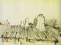 Vincent van Gogh Tiled roof with chimneys and church tower